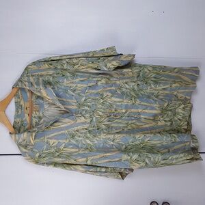 Jamaica Jaxx Blue and Green Bamboo Palm Silk Shirt Pocket Vacation Sz.XL
